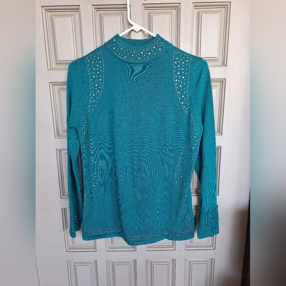 Questions? Hi Neck Sweater SzL Rhinestone Embellishment Teal Long Sleeve Classic